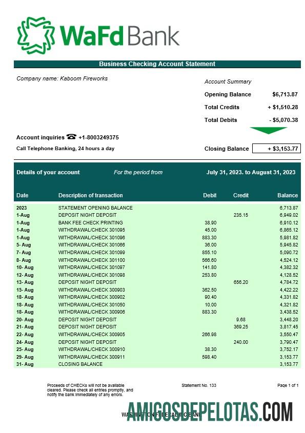 Em branco Washington Federal Inc Bank Business Checking modelo de extrato de conta Word e PDF